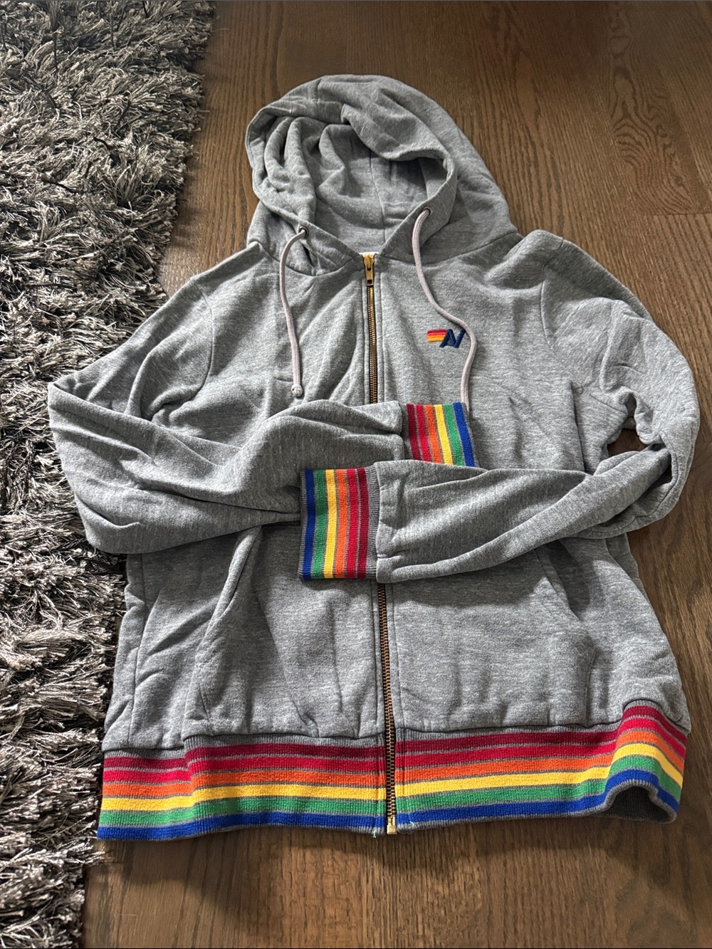 Aviator Nation Gray Zip Hoodie with Rainbow Hem - Picture 3 of 4